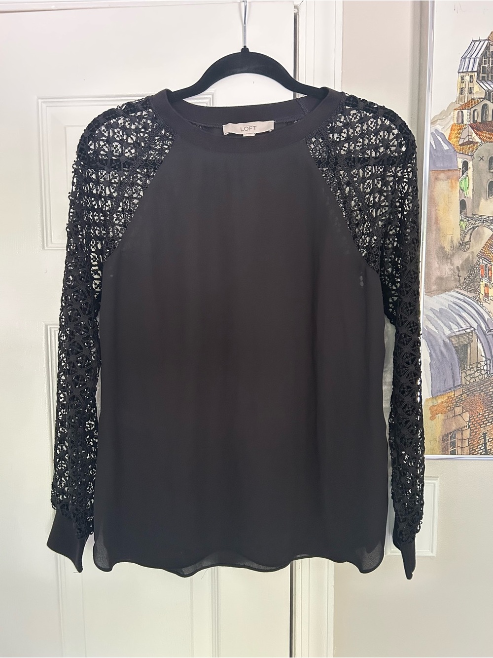 LOFT black sheer lace-sleeve long sleeve top